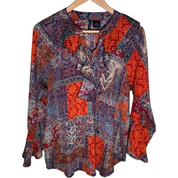New Directions Boho Patchwork Blouse Large V-Neck Bell Sleeve Fall Top - Picture 1 of 10